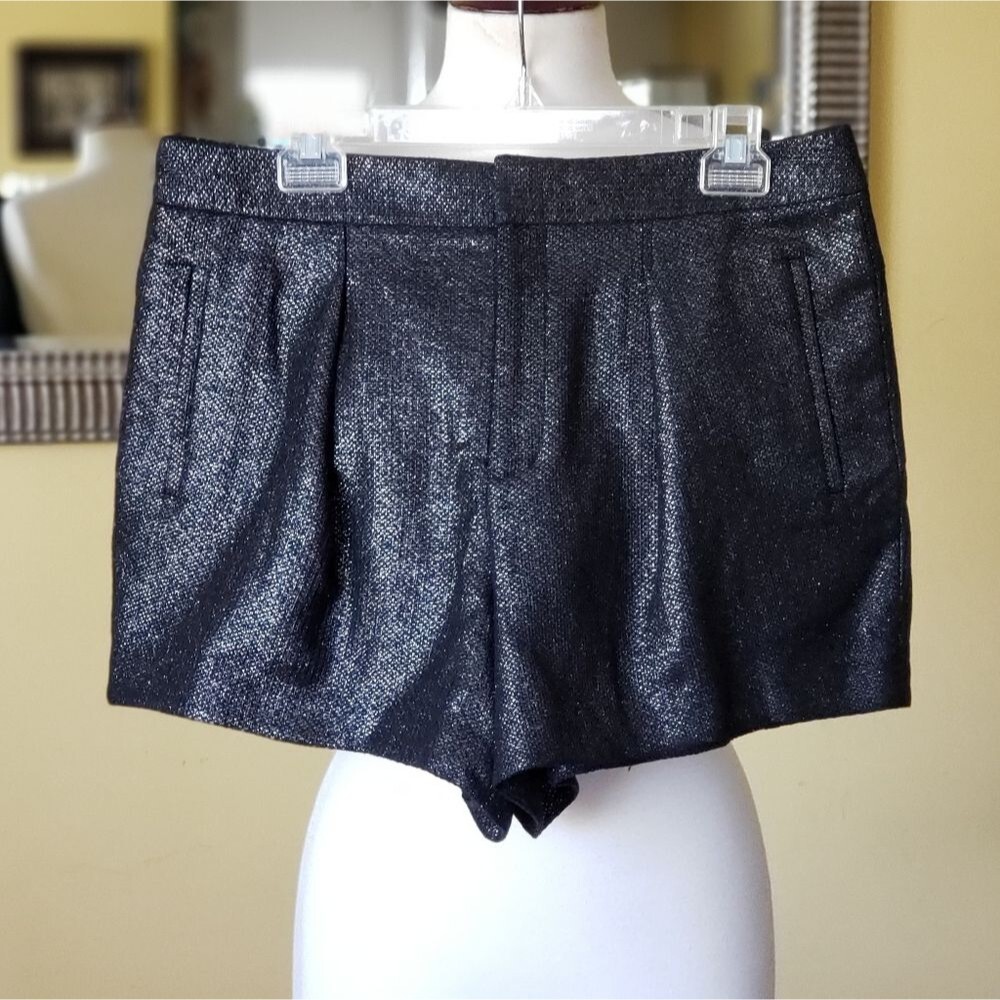 Helmut Lang Shimmer Pleated Shy Dress Shorts Black Silver Size 8 Pockets